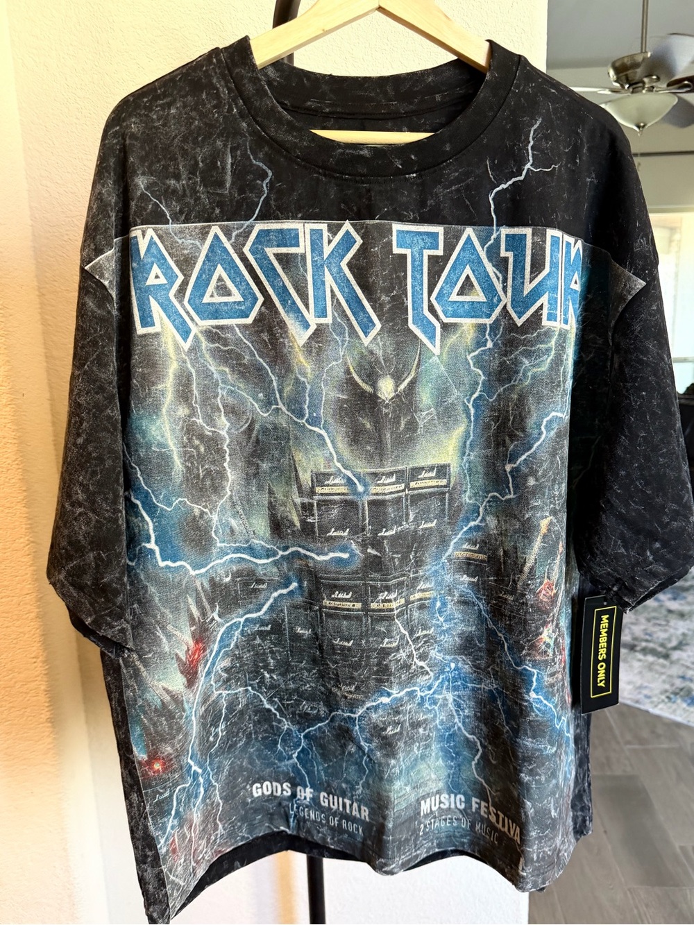 Members Only Black Tee with Blue Lightning Rock Tour Graphic